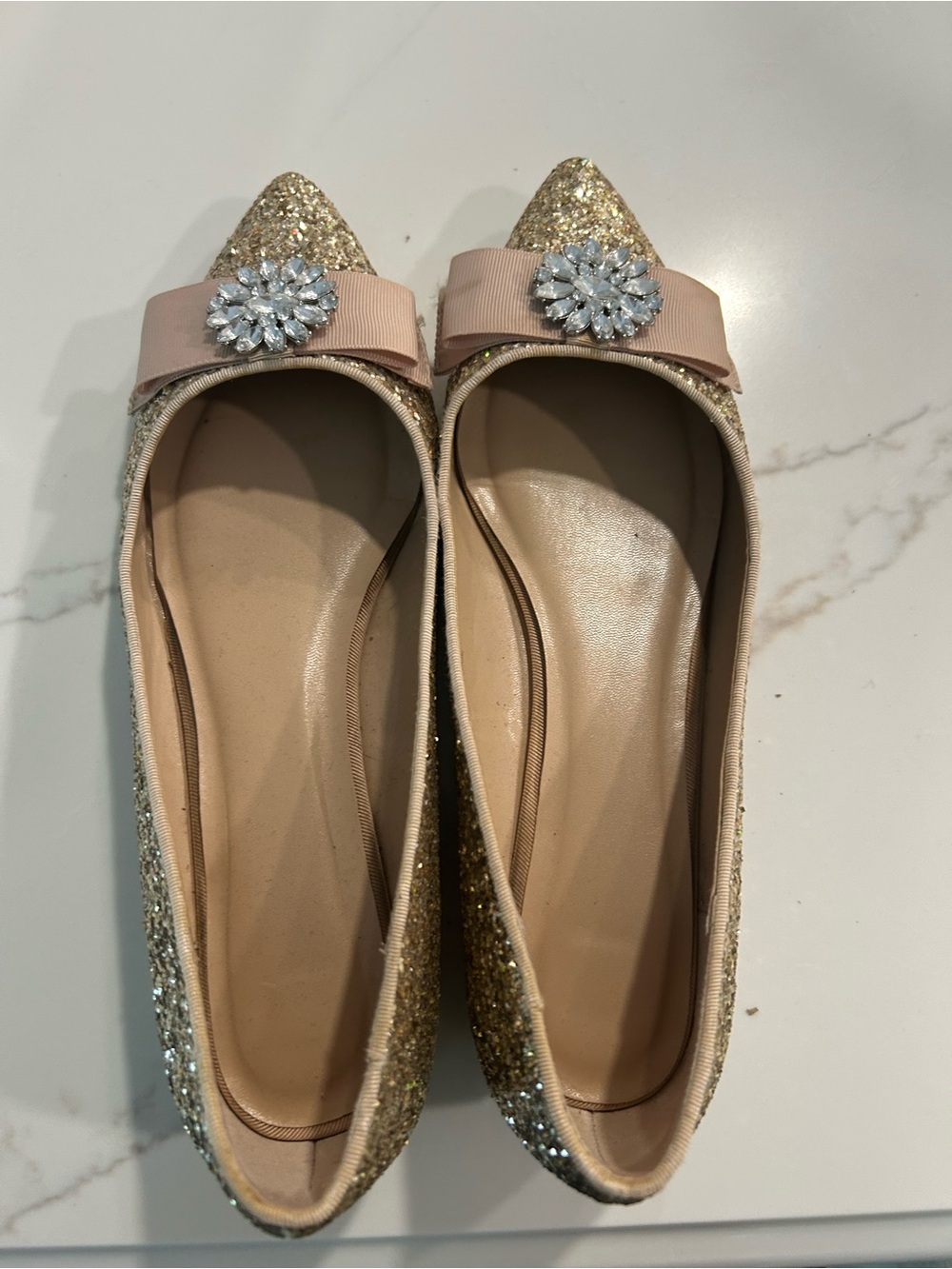 Women's Glitter Pointed Toe Flats with Bow and Crystal Accent - Gold Pink